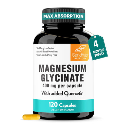 Magnesium Glycinate 400mg High Absorption Capsules with Quercetin | Quality Sleep, Relaxation & Muscle Health Supplement for Women and Men | Chelated Magnesium 120 Count - Maple Wellness Supplements