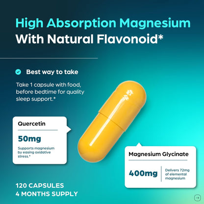 Magnesium Glycinate 400mg High Absorption Capsules with Quercetin | Quality Sleep, Relaxation & Muscle Health Supplement for Women and Men | Chelated Magnesium 120 Count - Maple Wellness Supplements