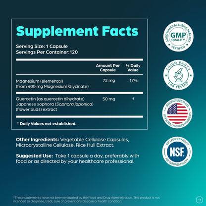 Magnesium Glycinate 400mg High Absorption Capsules with Quercetin | Quality Sleep, Relaxation & Muscle Health Supplement for Women and Men | Chelated Magnesium 120 Count - Maple Wellness Supplements