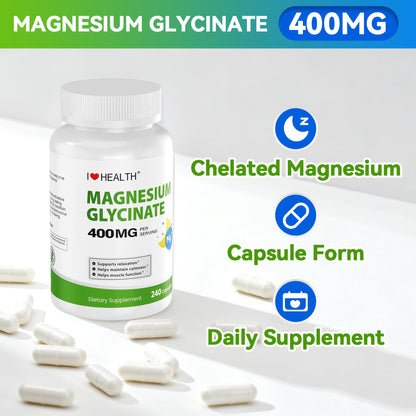 Magnesium Glycinate 400mg per Capsule – 240 Capsules – High Absorption Magnesium Supplement for Relaxation, Calmness & Muscle Support – Gentle on Stomach - Maple Wellness Supplements