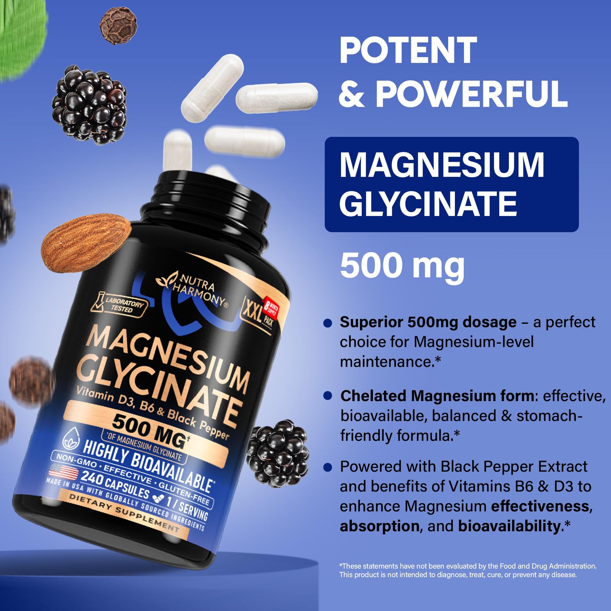 Magnesium Glycinate 500 mg - Chelated Supplement - High Absorption Form of Magnesium - Support for Sleep, Muscle & Heart Health - Maple Wellness Supplements