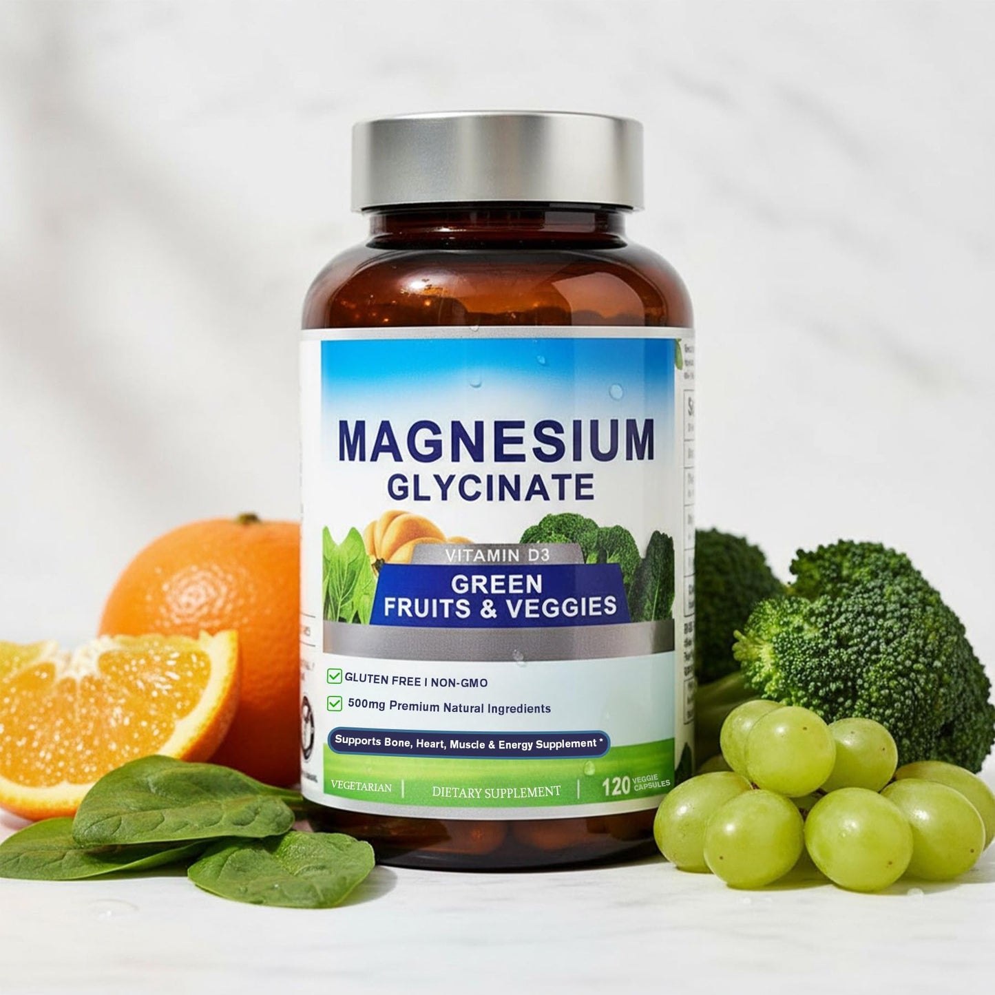 Magnesium Glycinate 500mg with Vitamin D3 – High Absorption Magnesium Supplement with Veggies Design – Supports Bone & Muscle Function and Energy – Non-GMO, Gluten-Free – 120 Veg Capsules - Maple Wellness Supplements