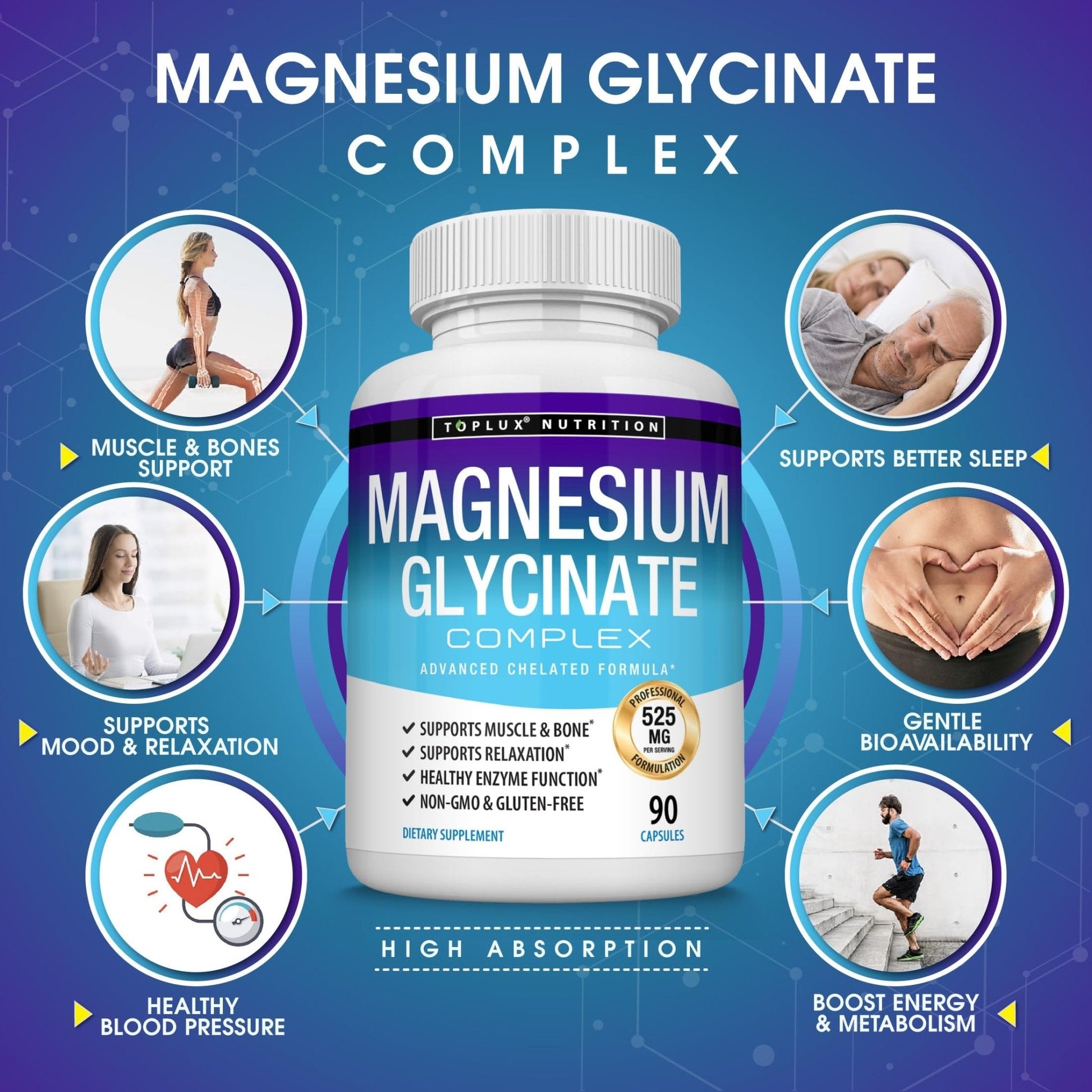 Magnesium Glycinate 525mg - High Absorption Chelated Magnesium Supplement Made with Pure Magnesium Glycinate - Supports Muscles, Sleep, Cramps, Recovery Bisglycinate - Maple Wellness Supplements