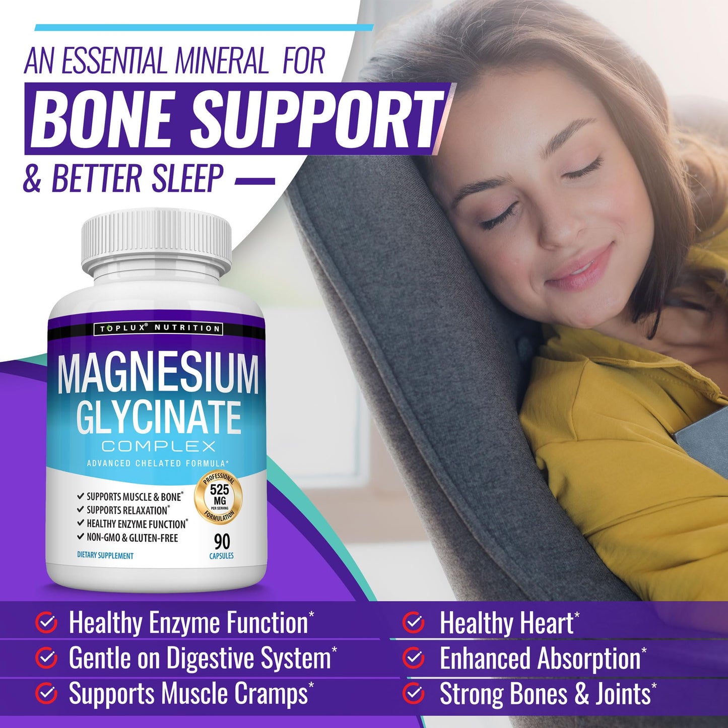 Magnesium Glycinate 525mg - High Absorption Chelated Magnesium Supplement Made with Pure Magnesium Glycinate - Supports Muscles, Sleep, Cramps, Recovery Bisglycinate - Maple Wellness Supplements