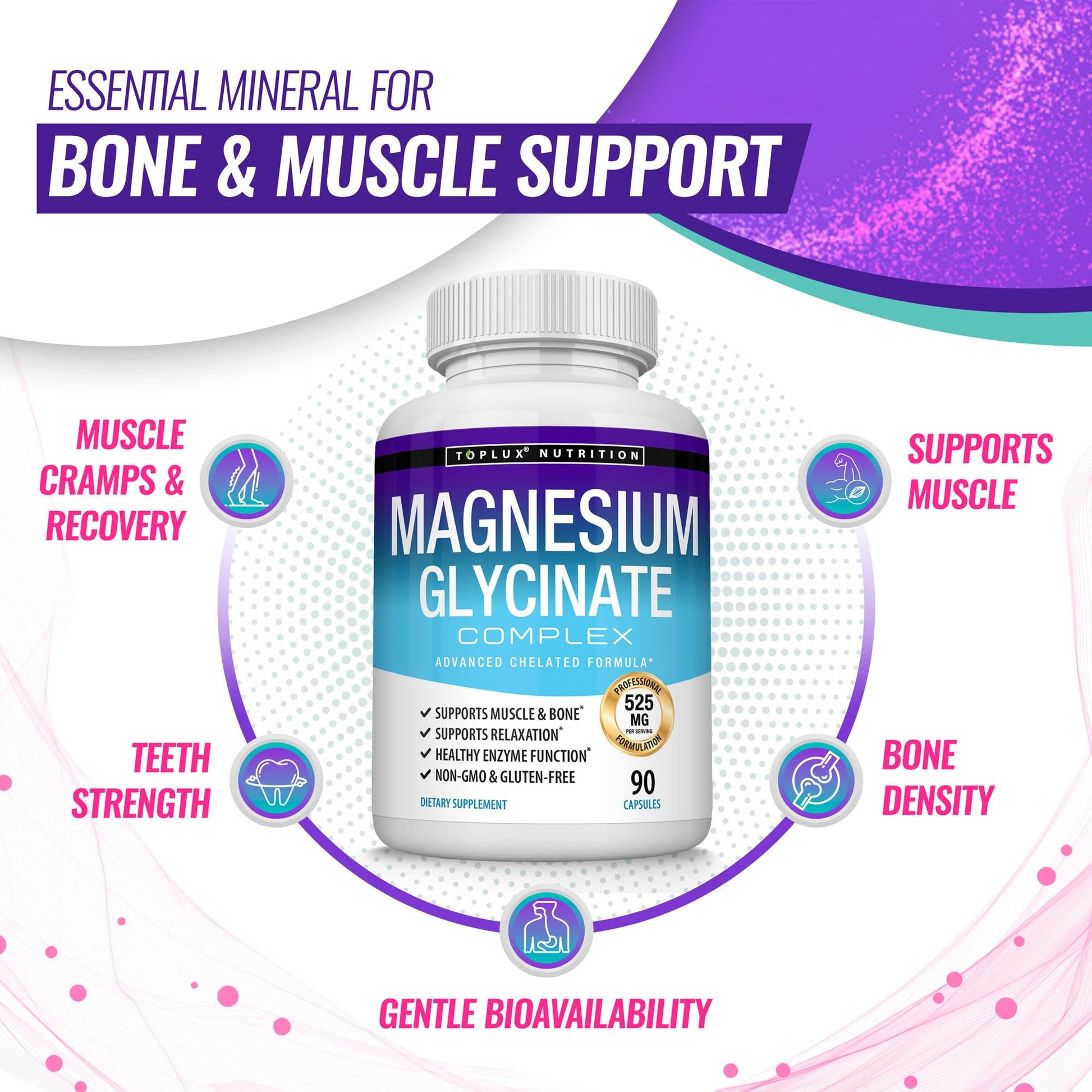Magnesium Glycinate 525mg - High Absorption Chelated Magnesium Supplement Made with Pure Magnesium Glycinate - Supports Muscles, Sleep, Cramps, Recovery Bisglycinate - Maple Wellness Supplements