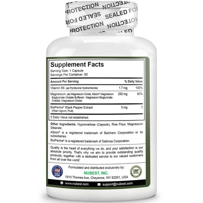 Magnesium Glycinate Chelate Complex with Albion Magnesium Bisglycinate Chelate, Vitamin B6 & BioPerine for Bone, Muscle, Natural Sleep, - Maple Wellness Supplements