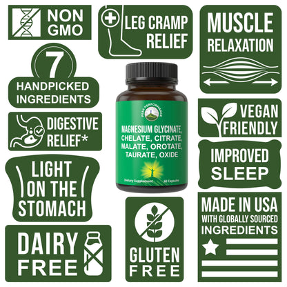 Magnesium Glycinate + Citrate + Malate + Chelate + Orotate + Taurate + Oxide. 7 Forms of Magnesium Complex. 500mg Supplement Capsules for Women & Men. 2 Pills for Sleep, Leg Cramps, Muscles - Maple Wellness Supplements