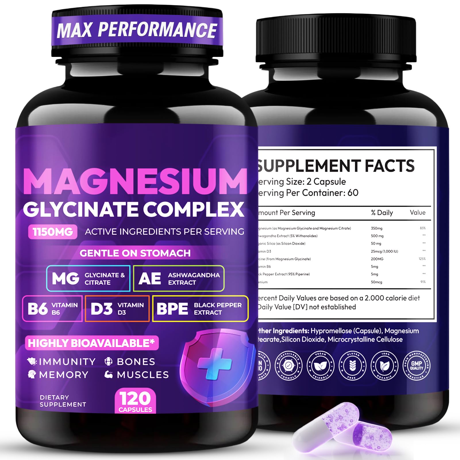 Magnesium Glycinate Complex 1150mg - Gentle on Stomach High Absorption Magnesium Capsules with Citrate, Silica, Ashwagandha & Vitamin B6 for Zzz, Stress Relief, Muscle Support for Adults, Women & Men - Maple Wellness Supplements