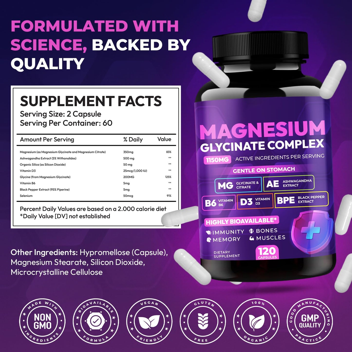 Magnesium Glycinate Complex 1150mg - Gentle on Stomach High Absorption Magnesium Capsules with Citrate, Silica, Ashwagandha & Vitamin B6 for Zzz, Stress Relief, Muscle Support for Adults, Women & Men - Maple Wellness Supplements