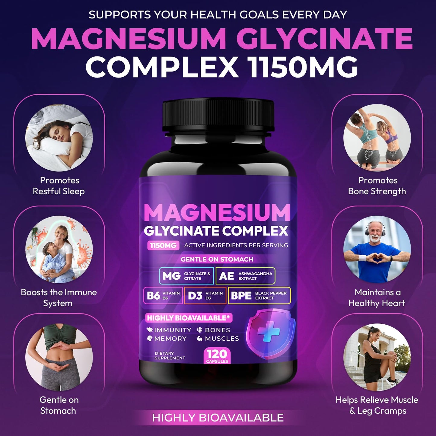 Magnesium Glycinate Complex 1150mg - Gentle on Stomach High Absorption Magnesium Capsules with Citrate, Silica, Ashwagandha & Vitamin B6 for Zzz, Stress Relief, Muscle Support for Adults, Women & Men - Maple Wellness Supplements