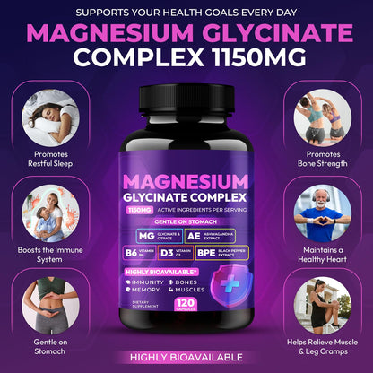 Magnesium Glycinate Complex 1150mg - Gentle on Stomach High Absorption Magnesium Capsules with Citrate, Silica, Ashwagandha & Vitamin B6 for Zzz, Stress Relief, Muscle Support for Adults, Women & Men - Maple Wellness Supplements