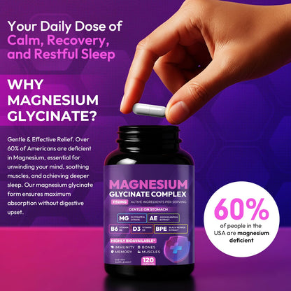 Magnesium Glycinate Complex 1150mg - Gentle on Stomach High Absorption Magnesium Capsules with Citrate, Silica, Ashwagandha & Vitamin B6 for Zzz, Stress Relief, Muscle Support for Adults, Women & Men - Maple Wellness Supplements