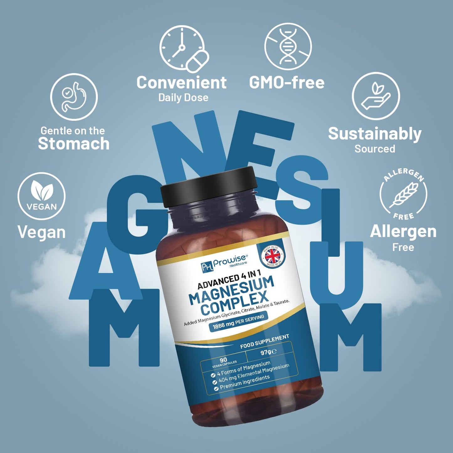 Magnesium Glycinate Complex 4 in 1-1866mg per Serving | Precise 404mg Elemental Magnesium dose | Added Magnesium Glycinate, Citrate, Malate & Taurate | 90 Vegan Capsules - by Prowise - Maple Wellness Supplements