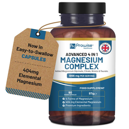 Magnesium Glycinate Complex 4 in 1-1866mg per Serving | Precise 404mg Elemental Magnesium dose | Added Magnesium Glycinate, Citrate, Malate & Taurate | 90 Vegan Capsules - by Prowise - Maple Wellness Supplements