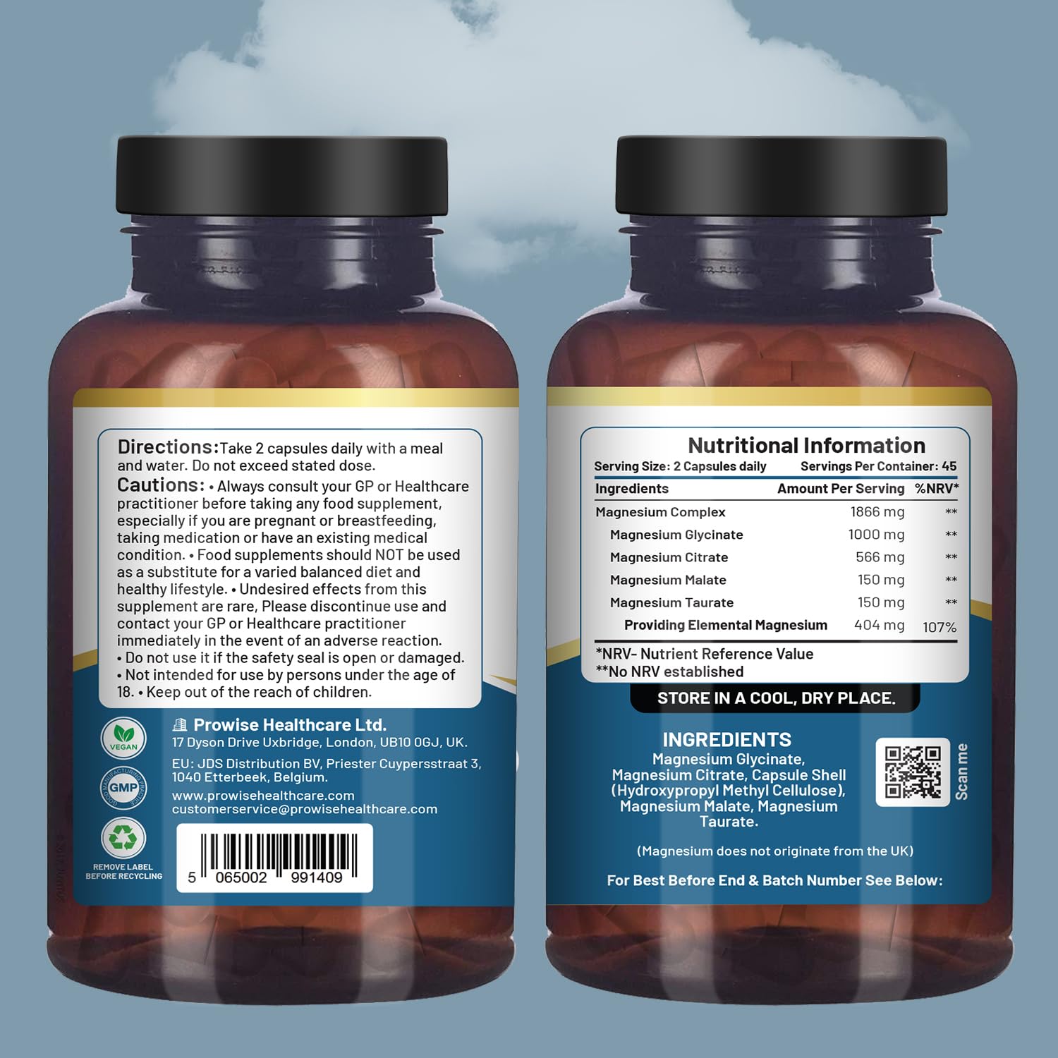 Magnesium Glycinate Complex 4 in 1-1866mg per Serving | Precise 404mg Elemental Magnesium dose | Added Magnesium Glycinate, Citrate, Malate & Taurate | 90 Vegan Capsules - by Prowise - Maple Wellness Supplements