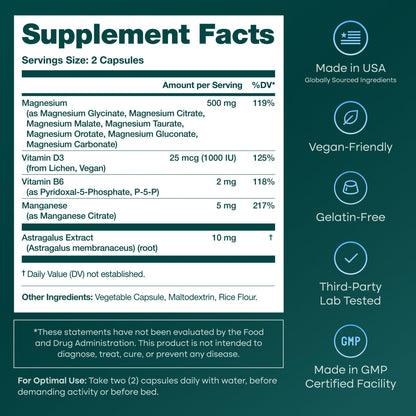Magnesium Glycinate Complex 500mg (7-in-1) with D3, B6 (P5P) & Manganese - Multi-Form Blend - Supports Sleep & Muscle Health [Oxide-Free] - Maple Wellness Supplements