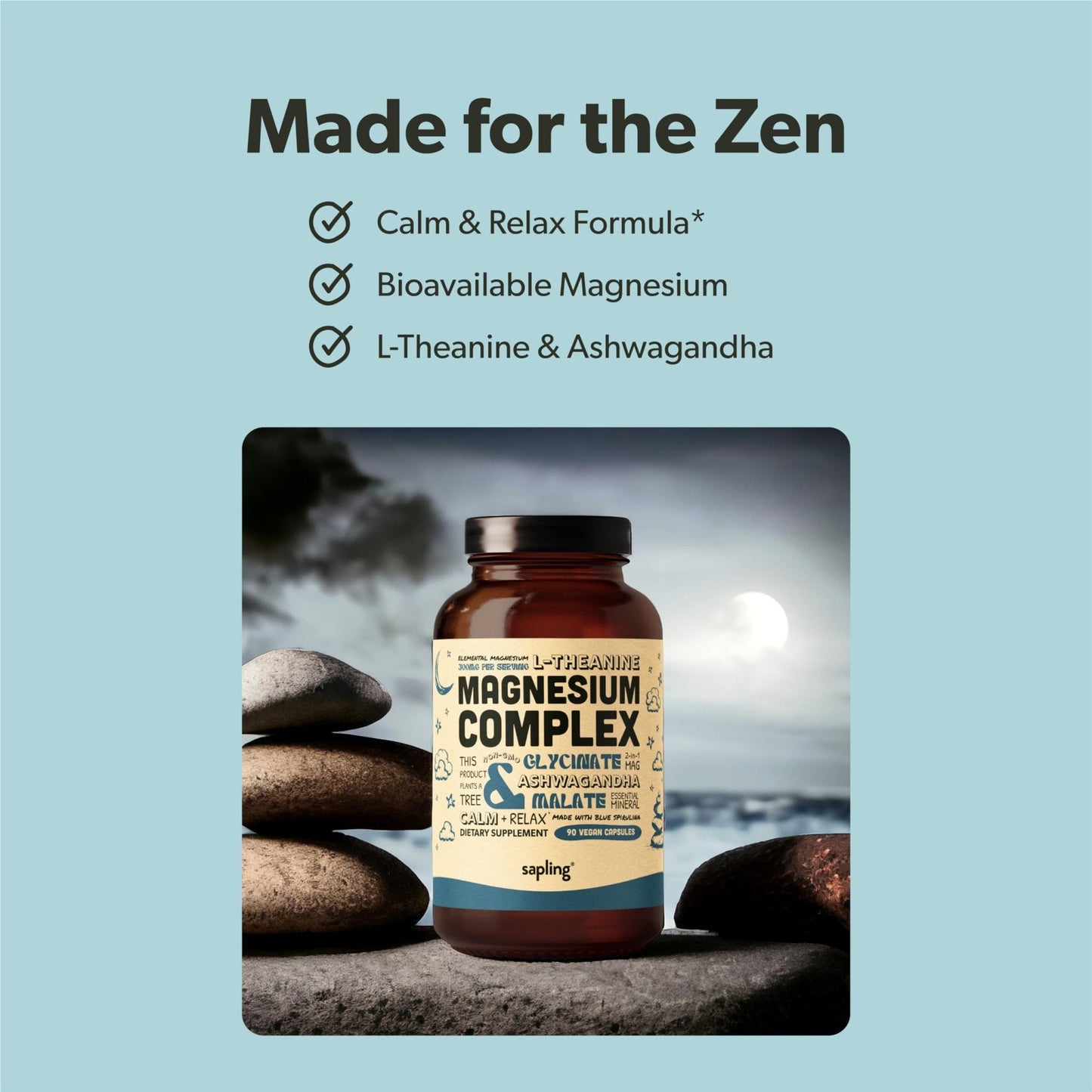 Magnesium Glycinate Complex Supplement - Chelated Magnesium Glycinate with Malate, Organic Ashwagandha, L-theanine & Blue Spirulina - High Absorption, Vegan, Non-GMO, 300mg, 90 Veggie Caps - Maple Wellness Supplements