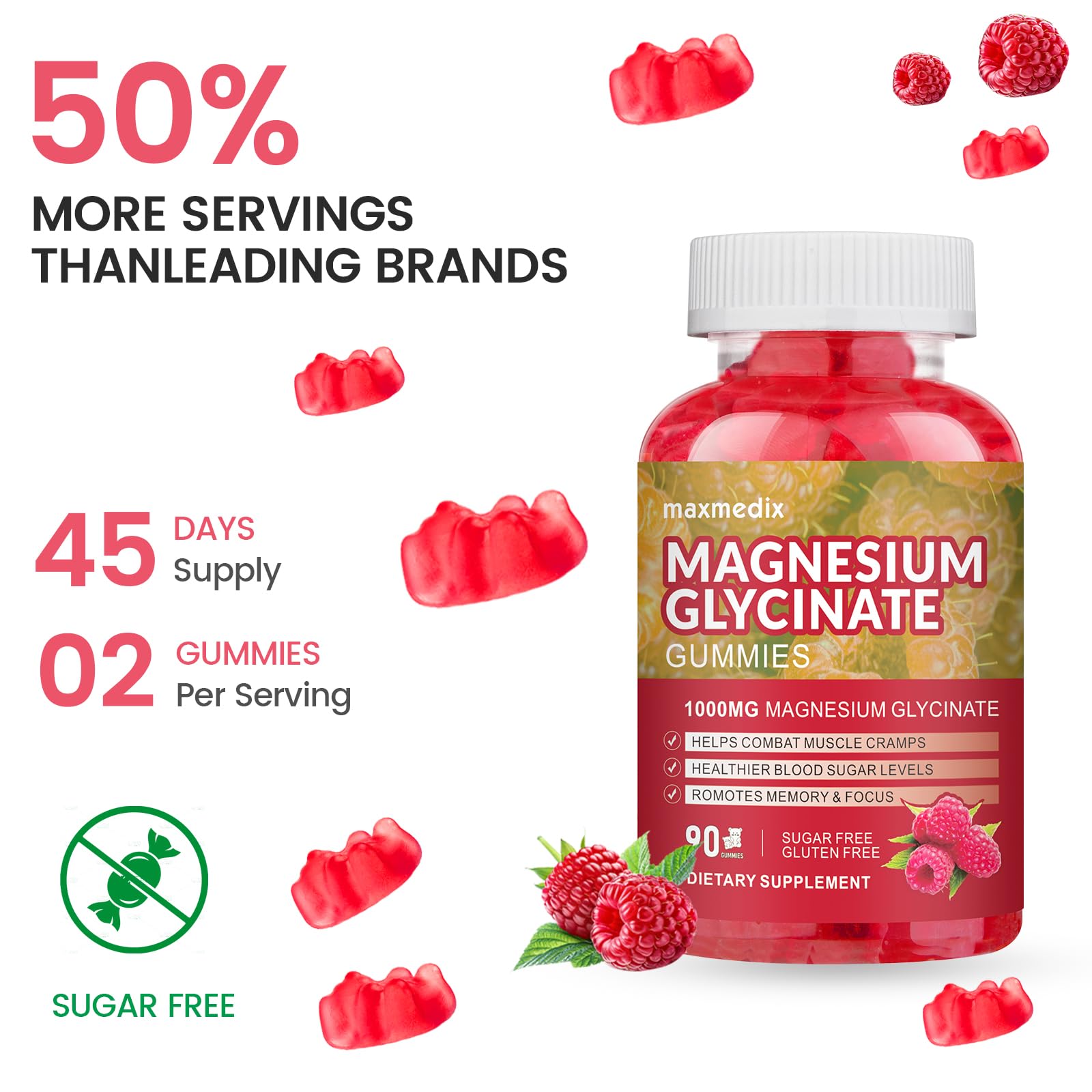 Magnesium Glycinate Gummies 1000mg, Sugar Free Magnesium Potassium Supplements Chewable for Adults with L-Threonate for Sleep - Maple Wellness Supplements