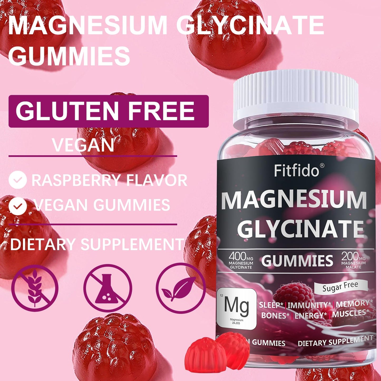 Magnesium Glycinate Gummies 400mg, Chewable Sugar Free Magnesium Supplement with Magnesium Glycinate, Magnesium Malate and Protein for Sleep, Relaxation, Brain & Muscle - Vegan (60 Count, Raspberry) - Maple Wellness Supplements