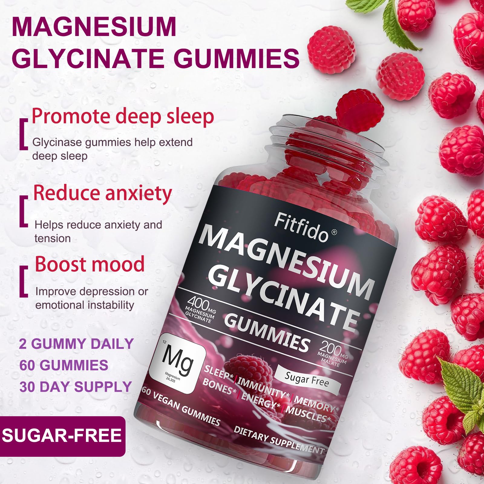 Magnesium Glycinate Gummies 400mg, Chewable Sugar Free Magnesium Supplement with Magnesium Glycinate, Magnesium Malate and Protein for Sleep, Relaxation, Brain & Muscle - Vegan (60 Count, Raspberry) - Maple Wellness Supplements