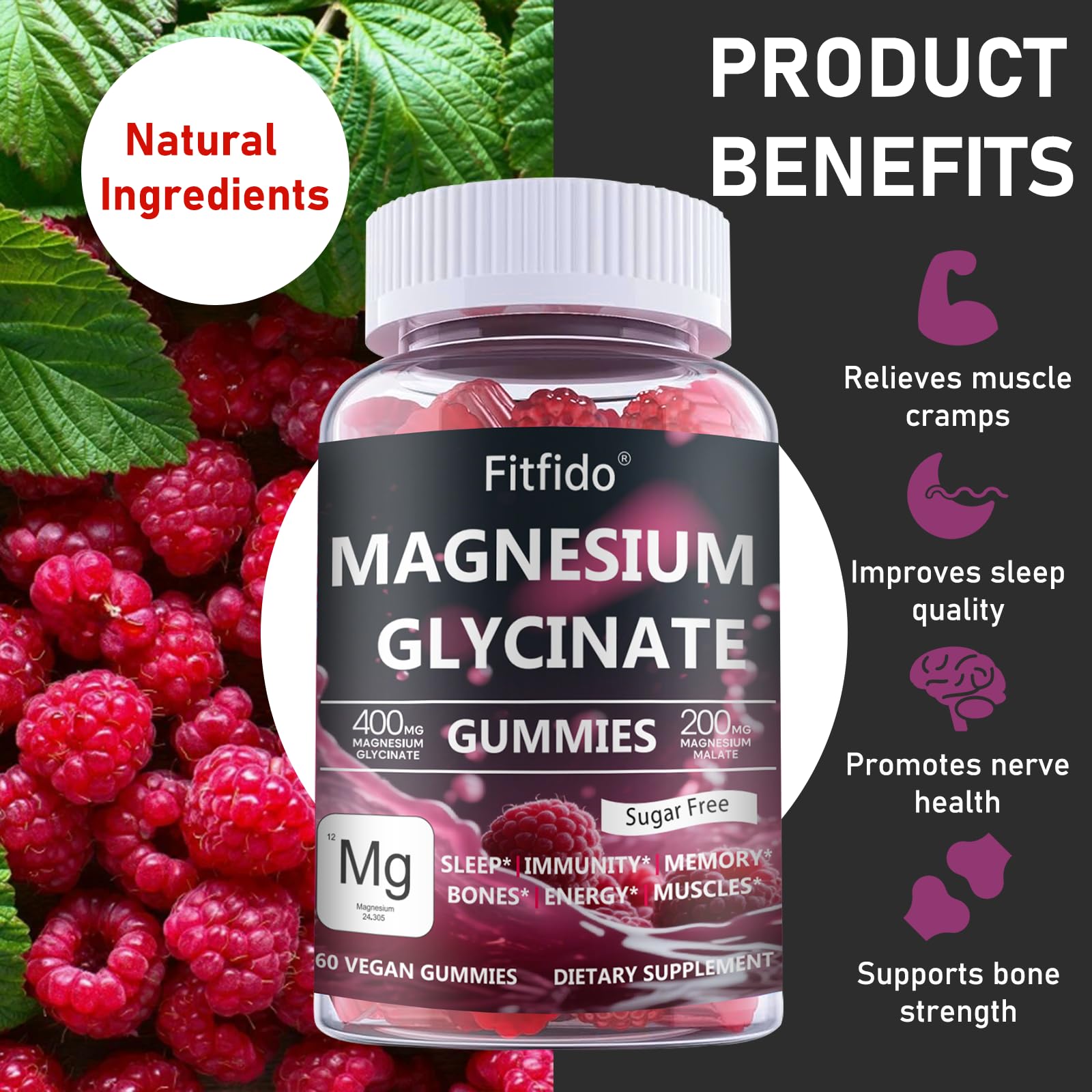 Magnesium Glycinate Gummies 400mg, Chewable Sugar Free Magnesium Supplement with Magnesium Glycinate, Magnesium Malate and Protein for Sleep, Relaxation, Brain & Muscle - Vegan (60 Count, Raspberry) - Maple Wellness Supplements