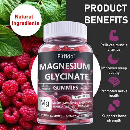 Magnesium Glycinate Gummies 400mg, Chewable Sugar Free Magnesium Supplement with Magnesium Glycinate, Magnesium Malate and Protein for Sleep, Relaxation, Brain & Muscle - Vegan (60 Count, Raspberry) - Maple Wellness Supplements