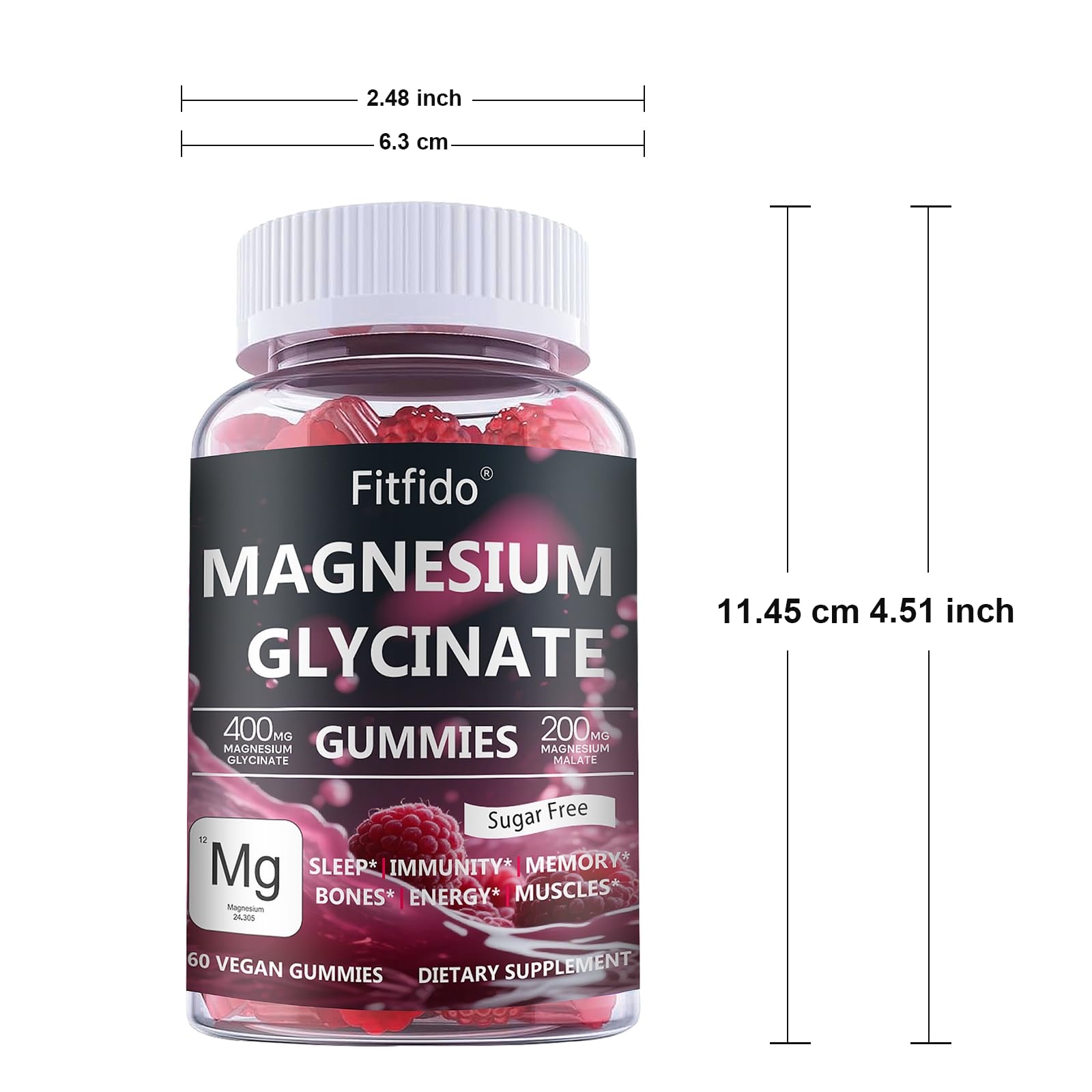 Magnesium Glycinate Gummies 400mg, Chewable Sugar Free Magnesium Supplement with Magnesium Glycinate, Magnesium Malate and Protein for Sleep, Relaxation, Brain & Muscle - Vegan (60 Count, Raspberry) - Maple Wellness Supplements