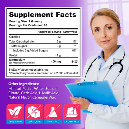 Magnesium Glycinate Gummies 400mg, Muscle Support and Relaxation, Magnesium Supplement for Women, Men and Kids, High Absorption, Sugar Free, - Maple Wellness Supplements
