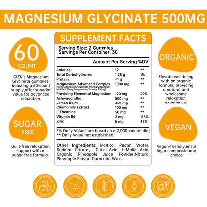 Magnesium Glycinate Gummies 500mg – Sugar Free Magnesium Gummies for Sleep, Stress, Muscle & Nerve Support – for Adults & Kids 4+, Vegan, - Maple Wellness Supplements