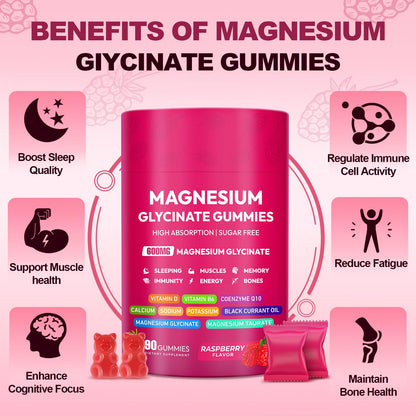 Magnesium Glycinate Gummies 600mg, High Absorption Magnesium Complex, Sugar Free Chewables Gummies with VitaminD & B6 - Maple Wellness Supplements