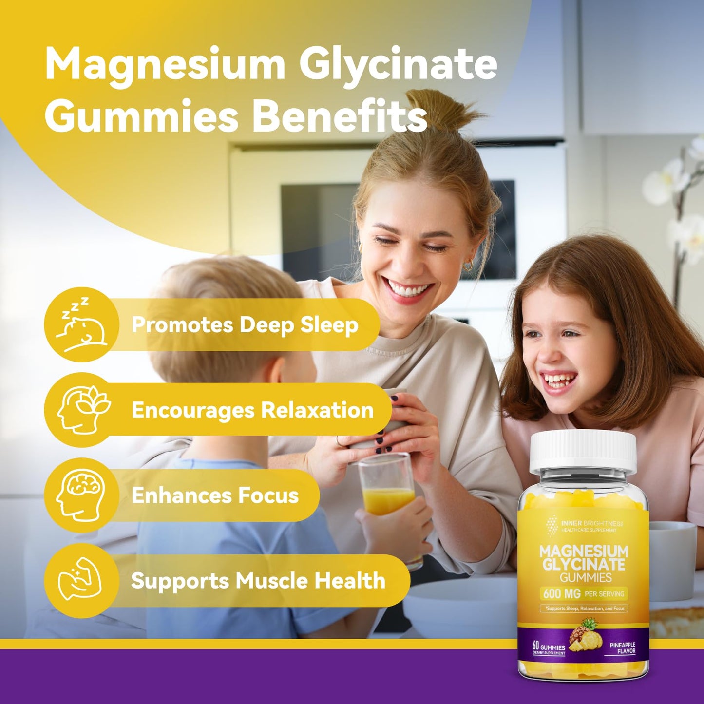 Magnesium Glycinate Gummies 600mg, Non-GMO, Gluten-Free, Magnesium Gummies for Adults & Kids, Sleep, Relaxation & Focus - Maple Wellness Supplements
