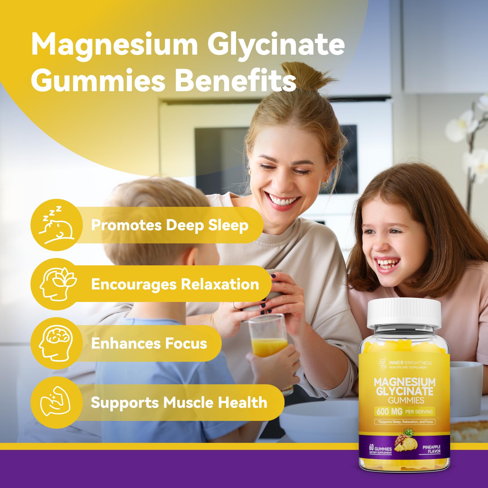Magnesium Glycinate Gummies 600mg, Non-GMO, Gluten-Free, Magnesium Gummies for Adults & Kids, Sleep, Relaxation & Focus - Maple Wellness Supplements