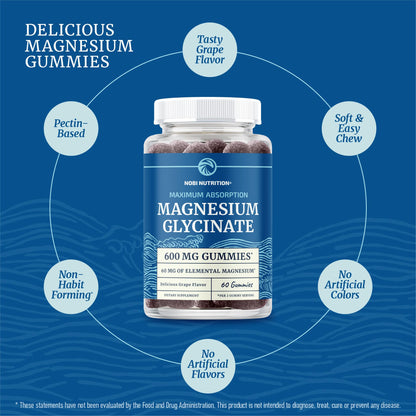 Magnesium Glycinate Gummies 600MG | Sleep, Calm & Relaxation Support | 60MG Elemental Mag Per Serving | Grape Flavor, Gluten-Free | High Absorption Magnesium Gummies for Women, Men & Family | 60 Ct - Maple Wellness Supplements
