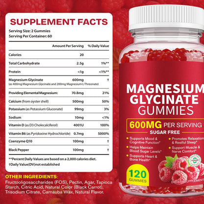 Magnesium Glycinate Gummies 600mg – Sugar-Free High Absorption Magnesium with L-Threonate, Supports Relaxation, Calm & Restful Sleep, - Maple Wellness Supplements