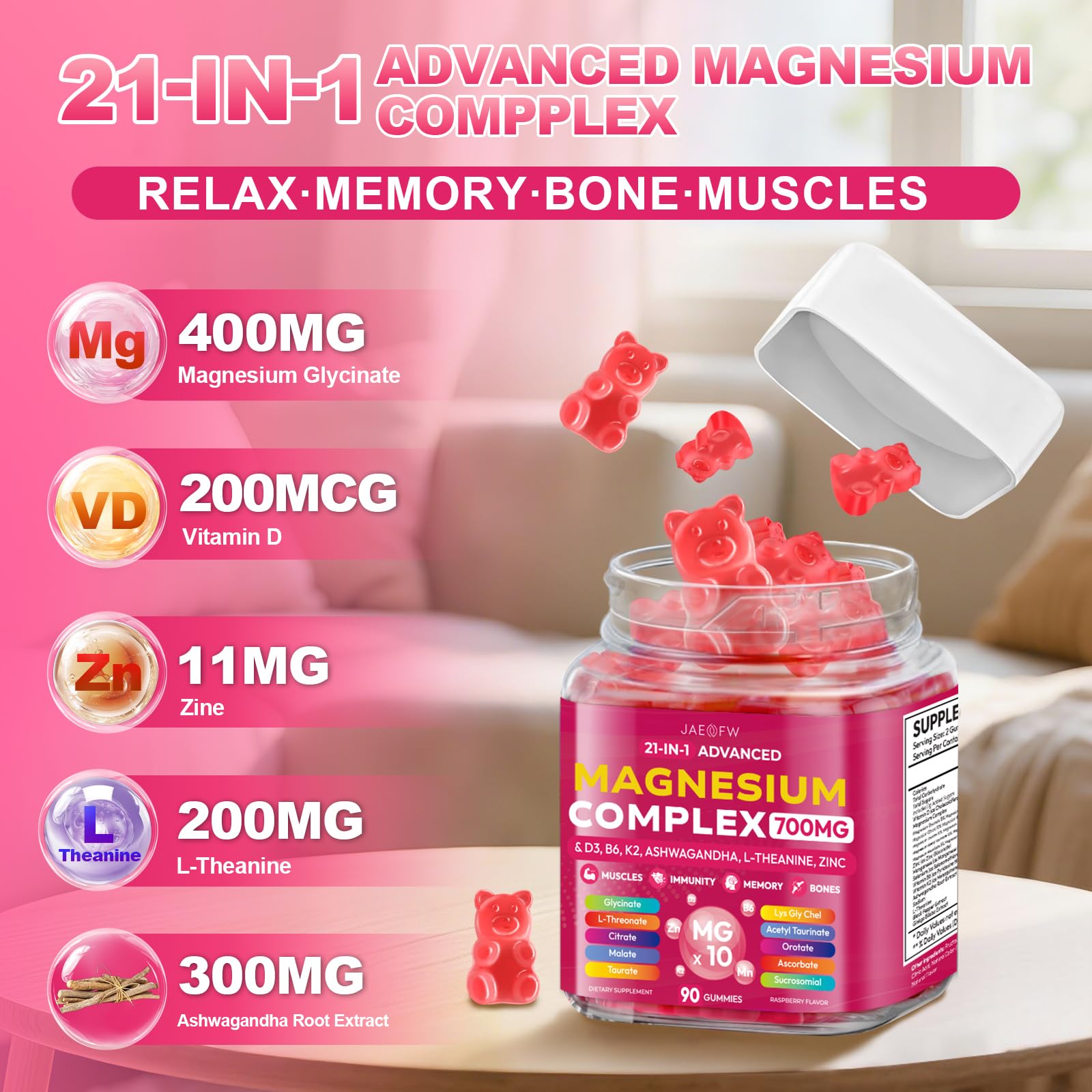 Magnesium Glycinate Gummies 700MG - 21-in-1 Advanced Magnesium Supplement with Ashwagandha, L-Theanine, Zinc, Vitamin - Sugar Free Magnesium Gummies for zzZ - Maple Wellness Supplements