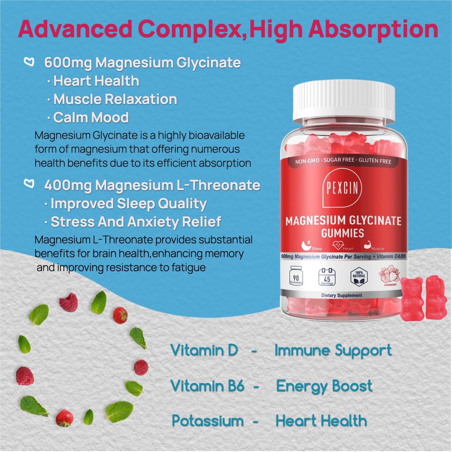Magnesium Glycinate Gummies for Adults & Kids, 1000mg High Absorption Magnesium Complex Supplement, Sugar Free with Potassium,Vitamins for Calm, Sleep Supprt - Maple Wellness Supplements