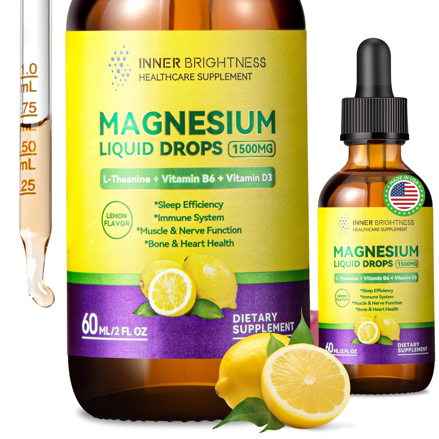 Magnesium Glycinate Liquid Drops 1500mg with Magnesium Citrate & Taurate, L-Theanine, Vitamin D3, B6 - Supports Calm, Sleep, Muscle Relaxation, Leg Cramps & Energy, Lemon Flavor, 60 mL - Maple Wellness Supplements
