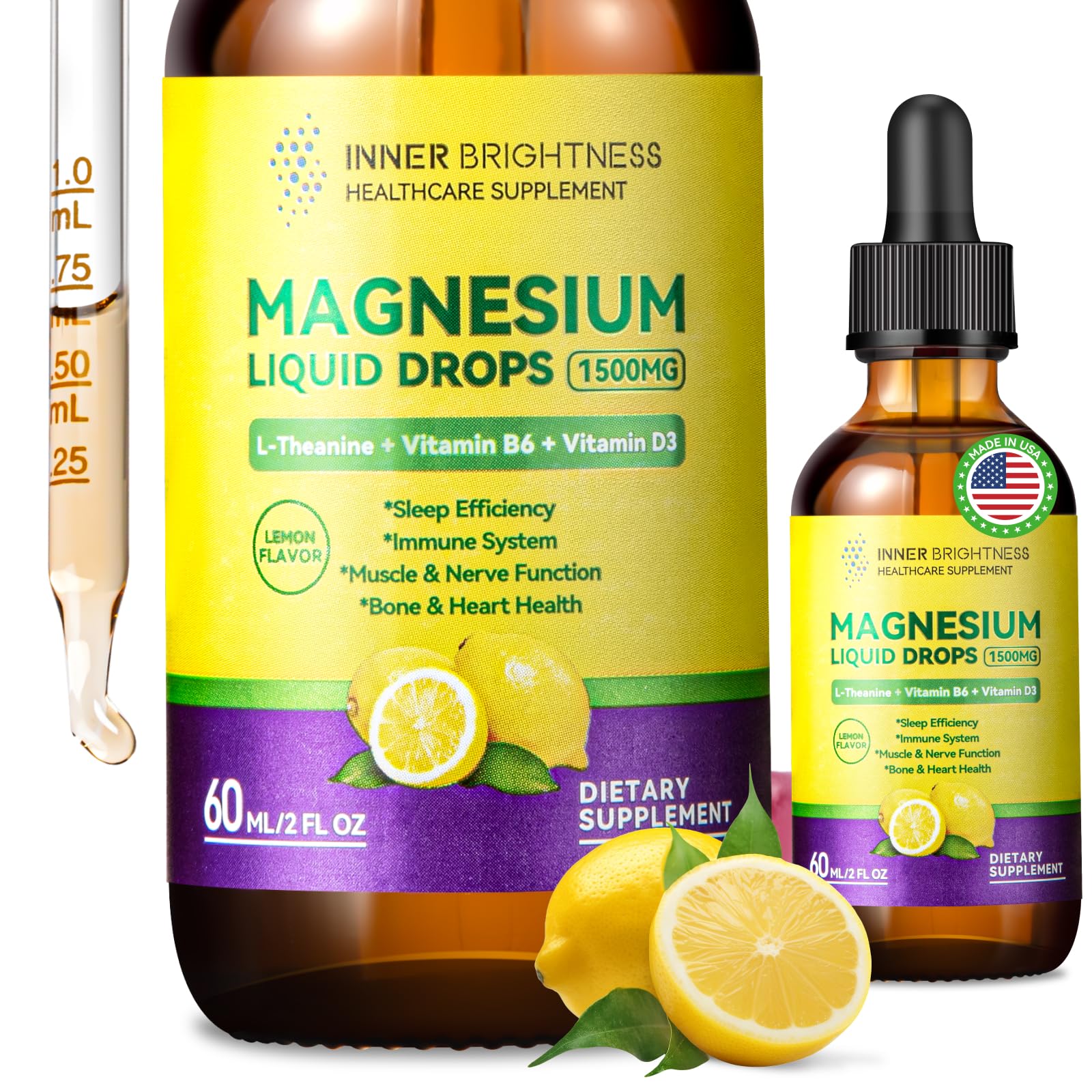 Magnesium Glycinate Liquid Drops 1500mg with Magnesium Citrate & Taurate, L-Theanine, Vitamin D3, B6 - Supports Calm, Sleep, Muscle Relaxation, Leg Cramps & Energy, Lemon Flavor, 60 mL - Maple Wellness Supplements