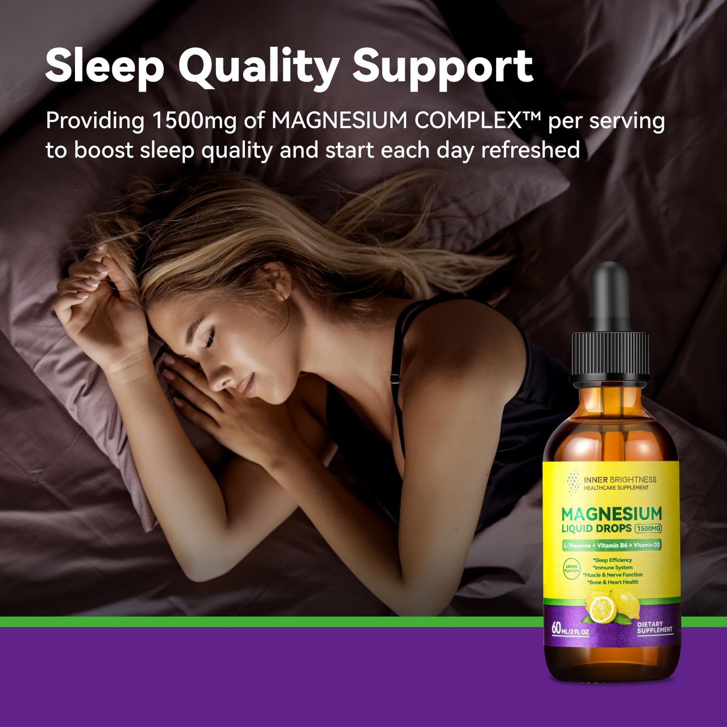 Magnesium Glycinate Liquid Drops 1500mg with Magnesium Citrate & Taurate, L-Theanine, Vitamin D3, B6 - Supports Calm, Sleep, Muscle Relaxation, Leg Cramps & Energy, Lemon Flavor, 60 mL - Maple Wellness Supplements