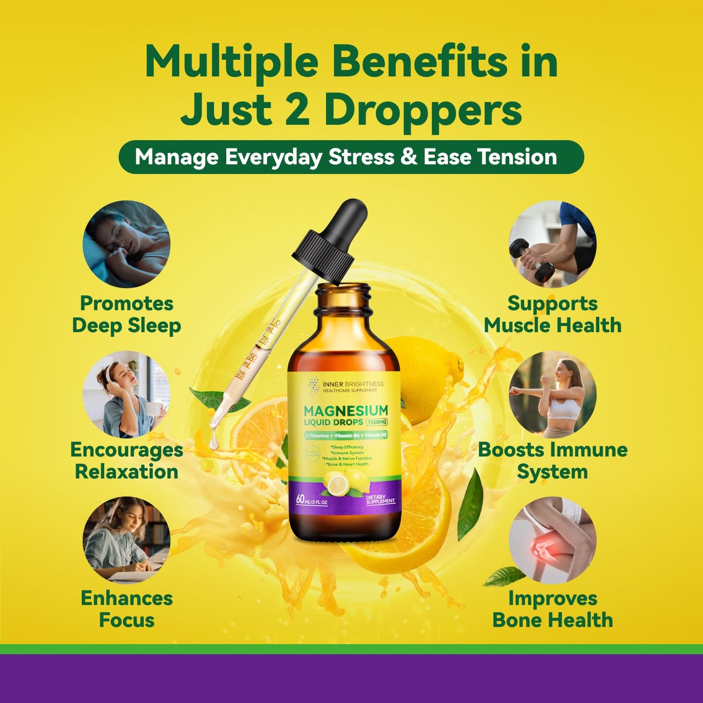 Magnesium Glycinate Liquid Drops 1500mg with Magnesium Citrate & Taurate, L-Theanine, Vitamin D3, B6 - Supports Calm, Sleep, Muscle Relaxation, Leg Cramps & Energy, Lemon Flavor, 60 mL - Maple Wellness Supplements