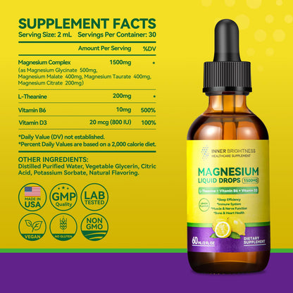 Magnesium Glycinate Liquid Drops 1500mg with Magnesium Citrate & Taurate, L-Theanine, Vitamin D3, B6 - Supports Calm, Sleep, Muscle Relaxation, Leg Cramps & Energy, Lemon Flavor, 60 mL - Maple Wellness Supplements