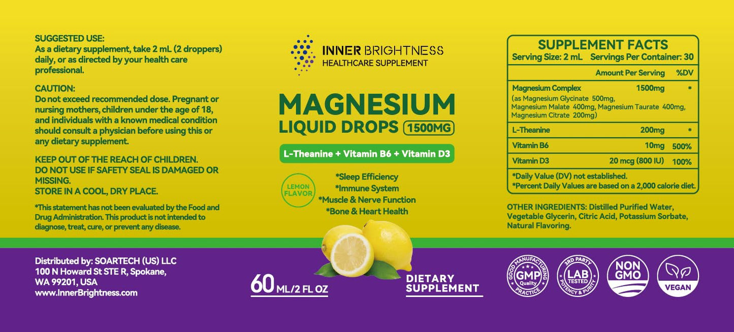 Magnesium Glycinate Liquid Drops 1500mg with Magnesium Citrate & Taurate, L-Theanine, Vitamin D3, B6 - Supports Calm, Sleep, Muscle Relaxation, Leg Cramps & Energy, Lemon Flavor, 60 mL - Maple Wellness Supplements