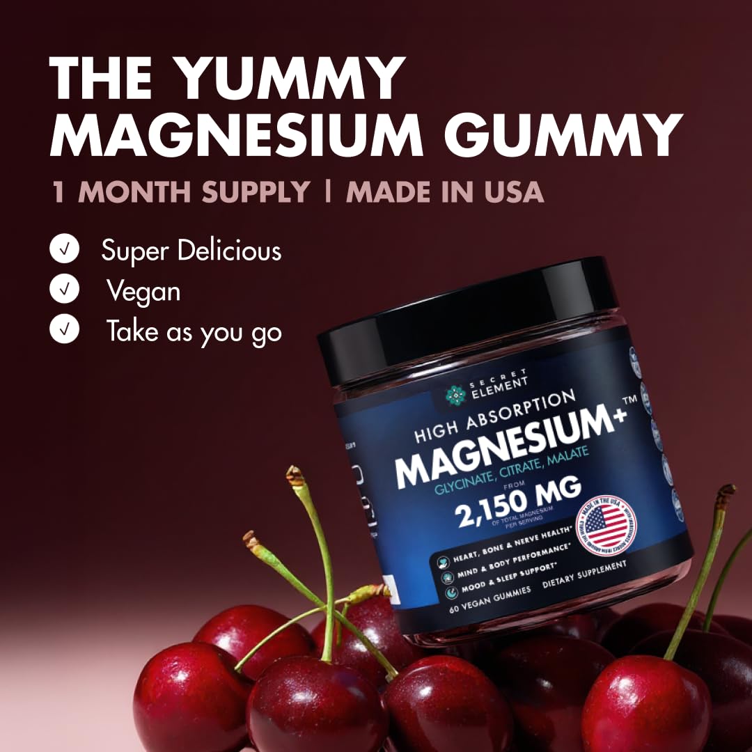 Magnesium Gummies 3in1 - Glycinate, Citrat, Malate 2150 MG High Absorption Supplement, Sugar-Free, Vegan, Chews for Men & Women, Inspired by Wellness Traditions Like Arjuna, 60 Gummies, Cherry Flavor - Maple Wellness Supplements