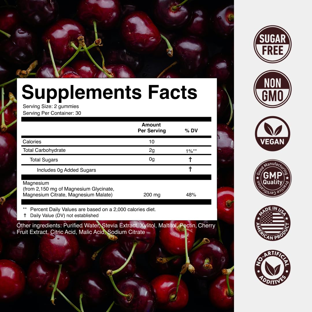 Magnesium Gummies 3in1 - Glycinate, Citrat, Malate 2150 MG High Absorption Supplement, Sugar-Free, Vegan, Chews for Men & Women, Inspired by Wellness Traditions Like Arjuna, 60 Gummies, Cherry Flavor - Maple Wellness Supplements