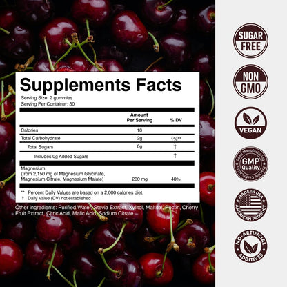 Magnesium Gummies 3in1 - Glycinate, Citrat, Malate 2150 MG High Absorption Supplement, Sugar-Free, Vegan, Chews for Men & Women, Inspired by Wellness Traditions Like Arjuna, 60 Gummies, Cherry Flavor - Maple Wellness Supplements