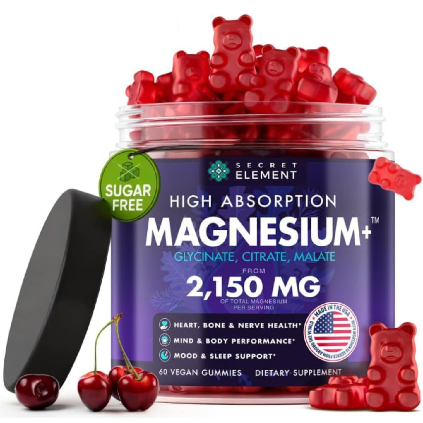 Magnesium Gummies 3in1 - Glycinate, Citrat, Malate 2150 MG High Absorption Supplement, Sugar-Free, Vegan, Chews for Men & Women, Inspired by Wellness Traditions Like Arjuna, 60 Gummies, Cherry Flavor - Maple Wellness Supplements