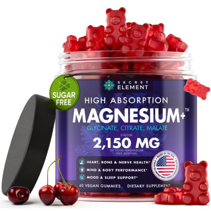 Magnesium Gummies 3in1 - Glycinate, Citrat, Malate 2150 MG High Absorption Supplement, Sugar-Free, Vegan, Chews for Men & Women, Inspired by Wellness Traditions Like Arjuna, 60 Gummies, Cherry Flavor - Maple Wellness Supplements