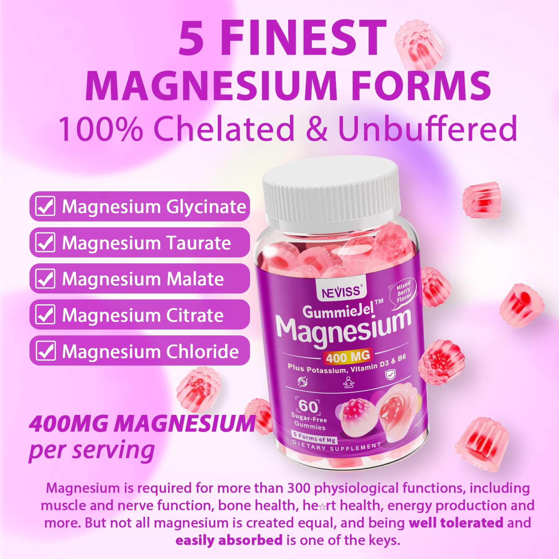 Magnesium Gummies 400mg | 5-in-1 Magnesium Complex for Women & Men: Mag Glycinate, Citrate, Malate, Chloride & Taurate | w/Ashwagandha, D3 & Zinc for Relaxtion, - Maple Wellness Supplements