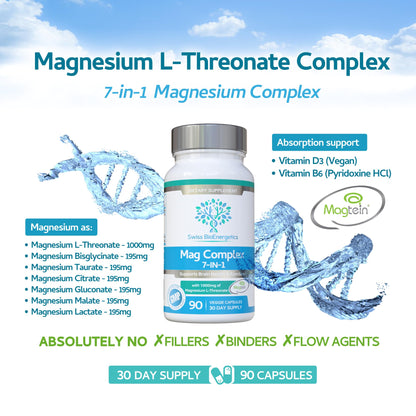 Magnesium L-Threonate Complex 7-in-1 with 1000mg of Magtein Plus Magnesium as Bisglycinate, Taurate, Citrate, Gluconate, Malate & Lactate - Supports Sleep - Vegan, US Made and No Artificial Nasties - Maple Wellness Supplements
