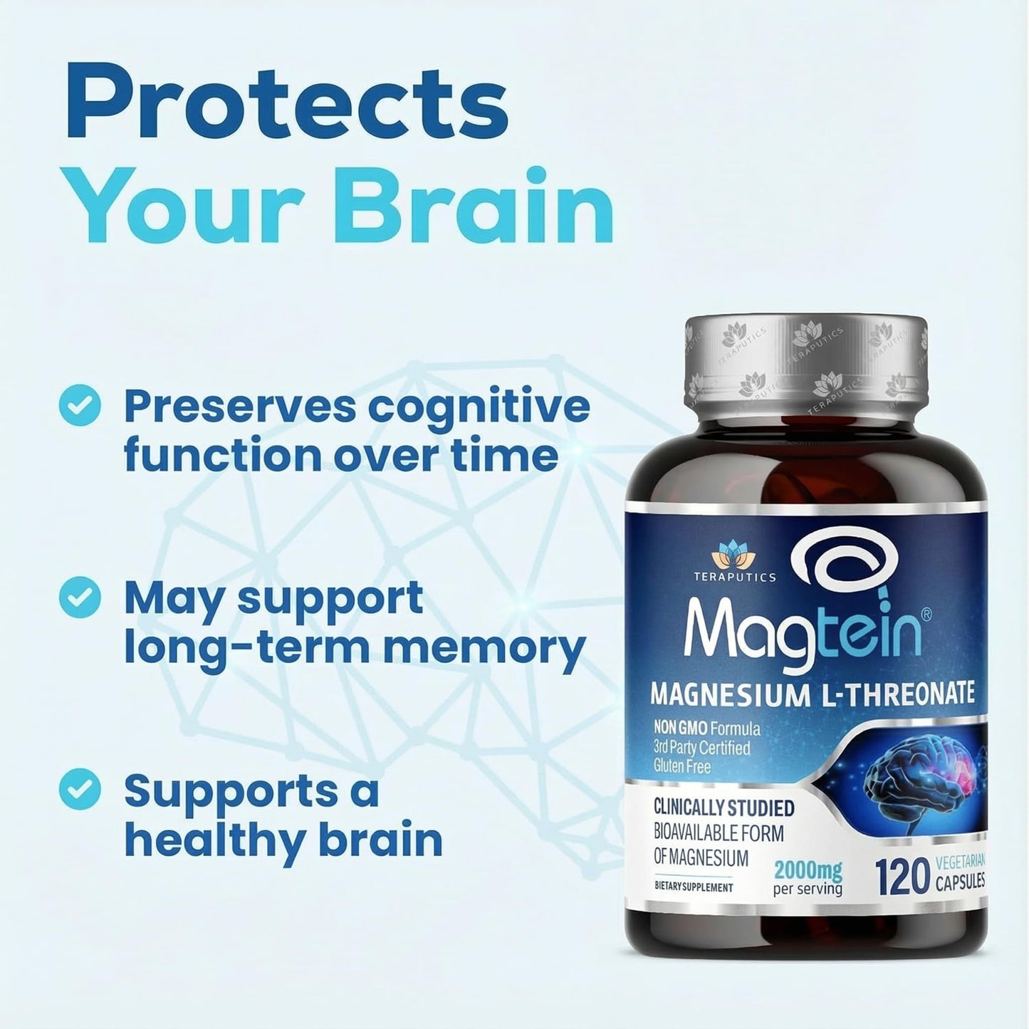 Magnesium L Threonate, Magtein, Brain Supplement for Memory, Focus, Sleep and Cognitive Support, High Absorption Magnesium L-Threonate, Non-GMO - Maple Wellness Supplements